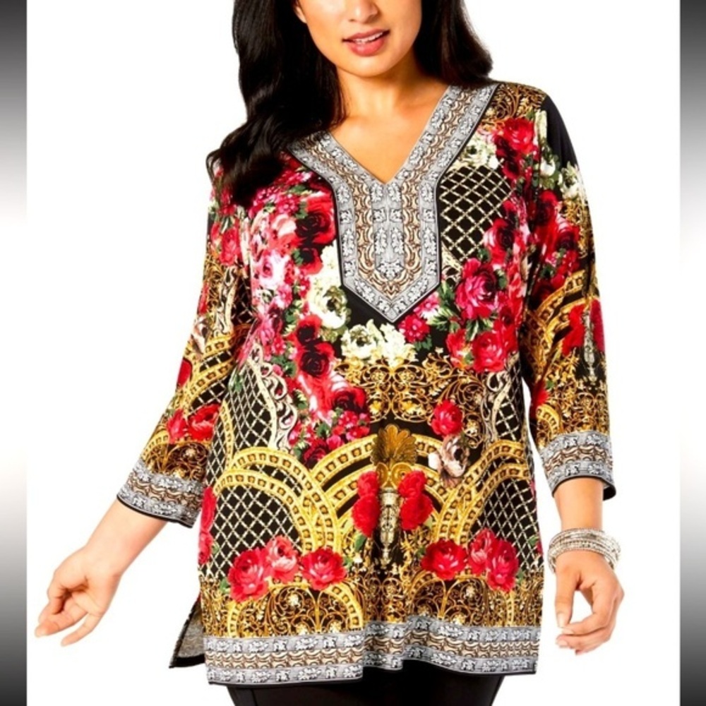 JM Collection Colorful Rose Floral Top with Rhinestone Embellishments, Tunic